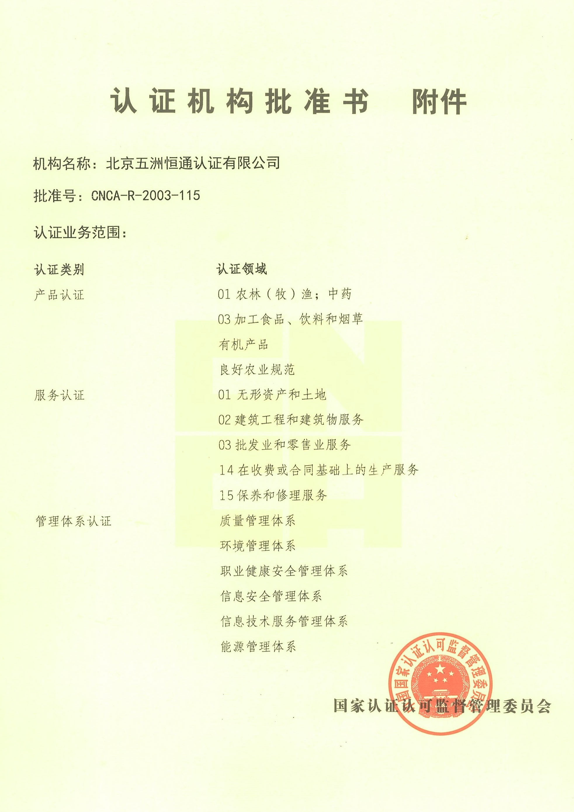 认证机构批准书附件