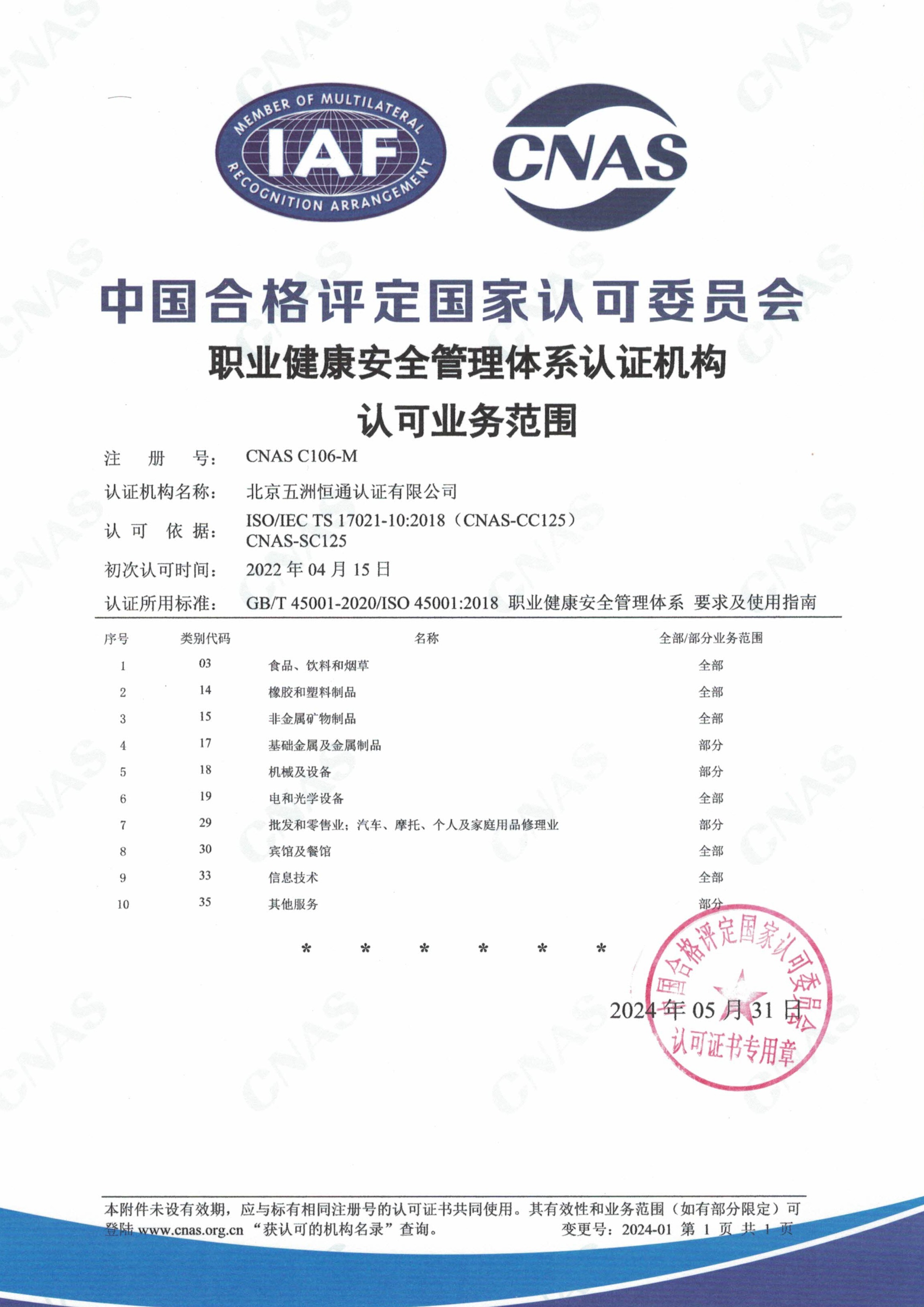 职业健康安全管理体系认证机构认可业务范围