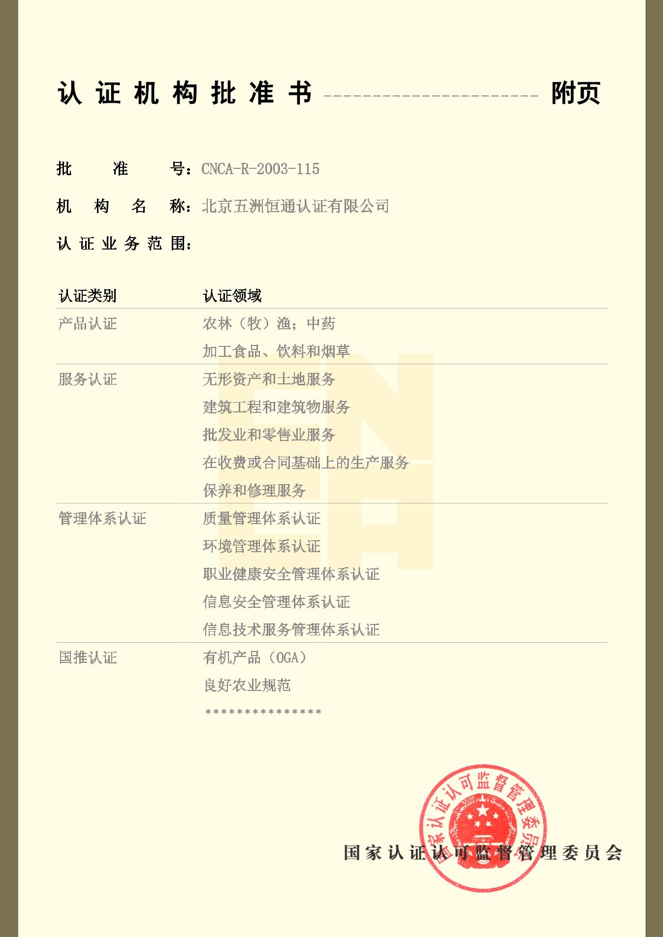 认证机构批准书附件